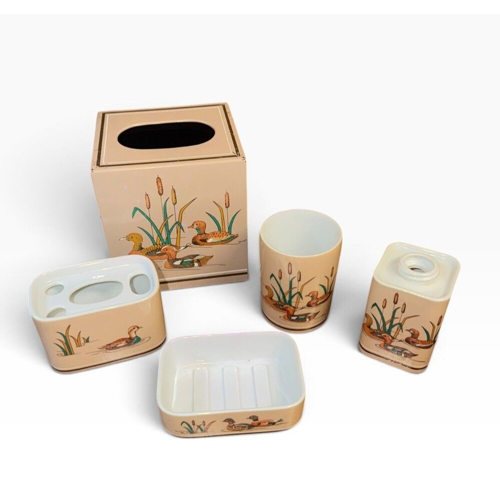 Vtg Andre Richard Wood Ducks 5 Pc Bathroom Set